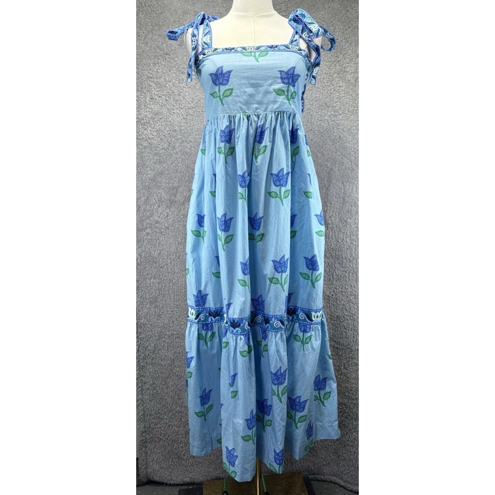 Print Fresh Way Around Midi Dress XS Blue Tulip Floral Smocked Sleeveless Cottag